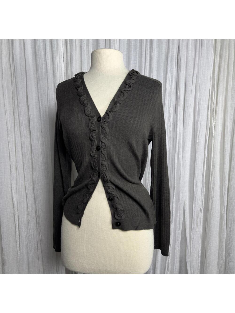 Vintage Y2k Preppy Grunge Fairy Dark Green Ruffled  Cardigan Button Sweater (M)